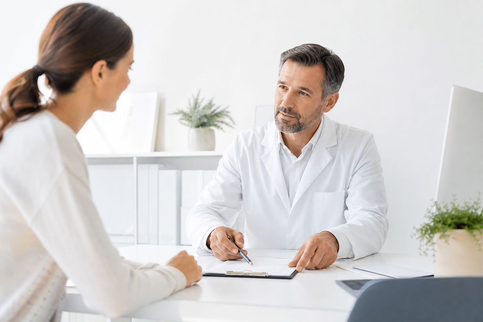 Arzt erkl&auml;rt einem Patienten in einem modernen Klinikgespr&auml;ch die Preisunterschiede und Qualit&auml;tsmerkmale bei Sch&ouml;nheitsoperationen.