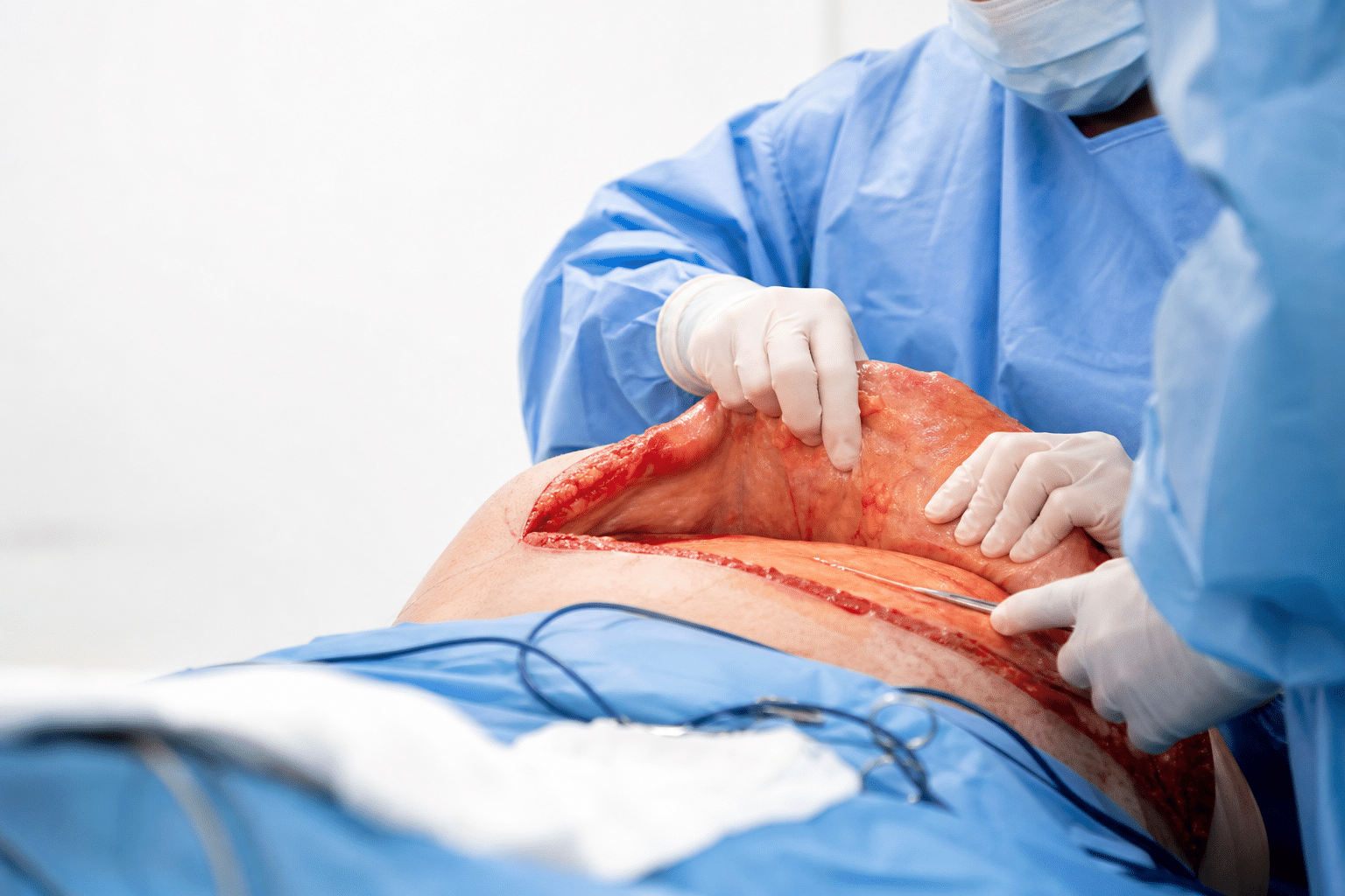 Chirurgische Situation bei einer Bauchdeckenstraffung, bei der Serombildung als h&auml;ufige postoperative Komplikation auftreten kann.