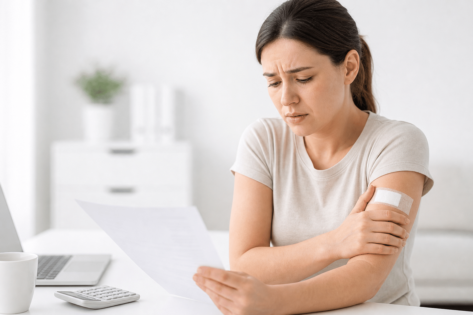 Person mit medizinischem Verband h&auml;lt Rechnungsunterlagen, symbolisiert das finanzielle Risiko durch Komplikationen nach einer Sch&ouml;nheitsoperation.