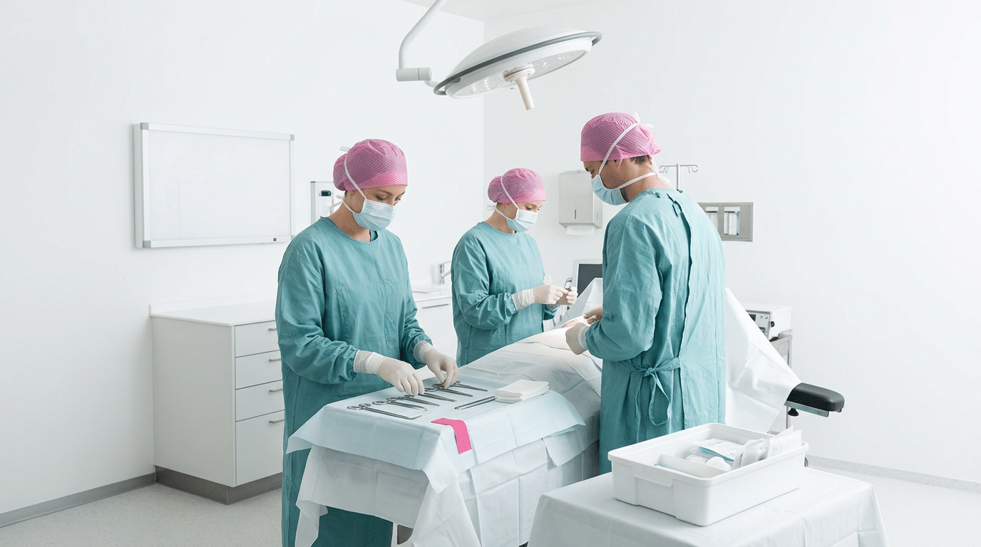 Operationsteam im &auml;sthetisch-chirurgischen Eingriffsraum w&auml;hrend der Vorbereitung.