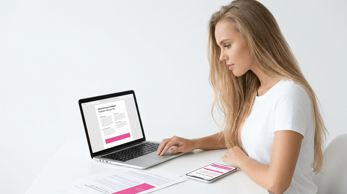 Patientin pr&uuml;ft am Laptop die Unterlagen ihrer Sch&ouml;nheitsoperations-Versicherung.