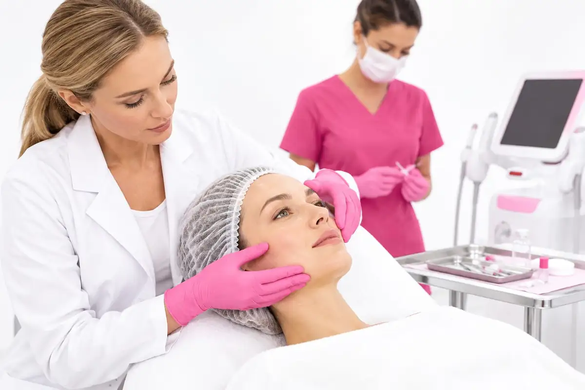 &Auml;rztin untersucht die Gesichtshaut einer Patientin vor einer Laser- oder HIFU-Behandlung