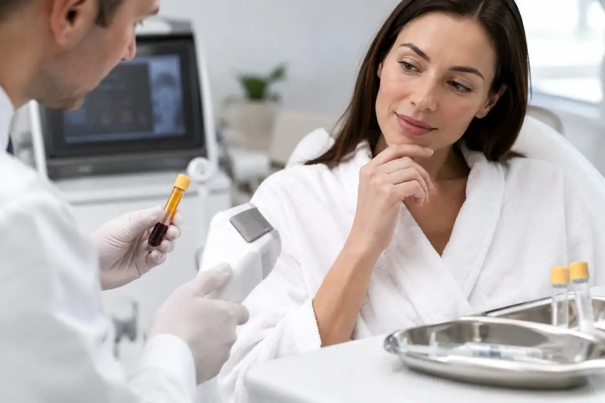 Arzt bespricht mit einer Patientin den Befund und das weitere Vorgehen nach einer PRP-Behandlung